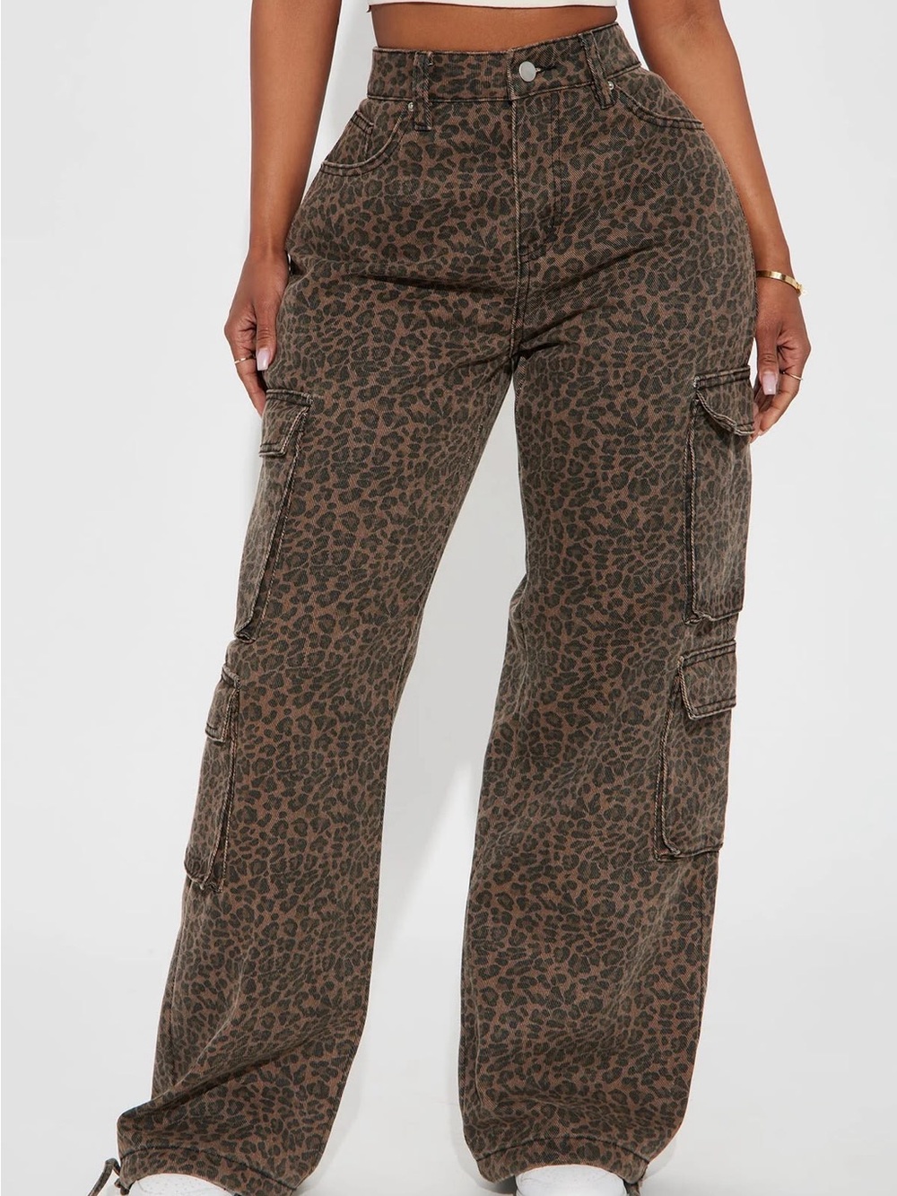 Fashion Nova Brown Leopard Wide-Leg Cargo Jeans